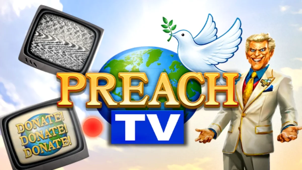Tampilan layar utama slot Preach TV dengan nuansa studio televisi tahun 90-an