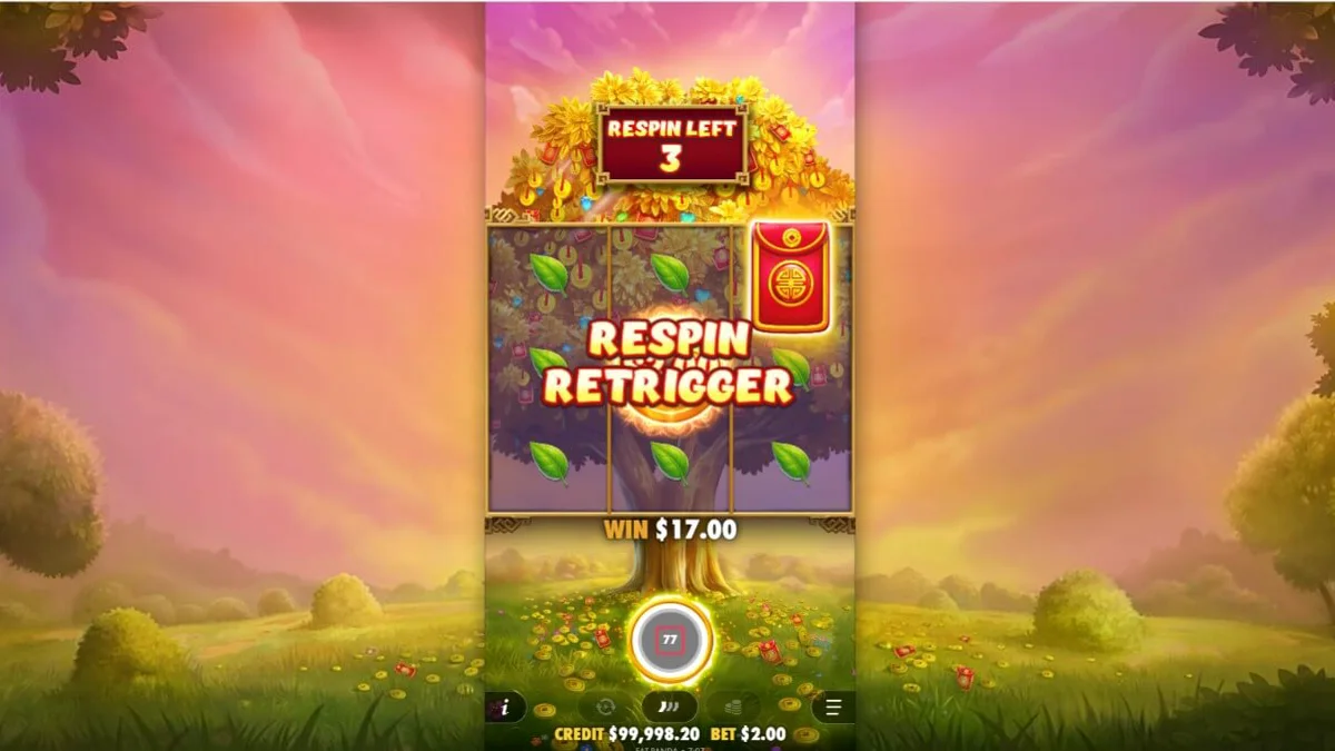 Pemandangan lembah tenang dengan pohon keberuntungan di slot Lucky Fortune Tree